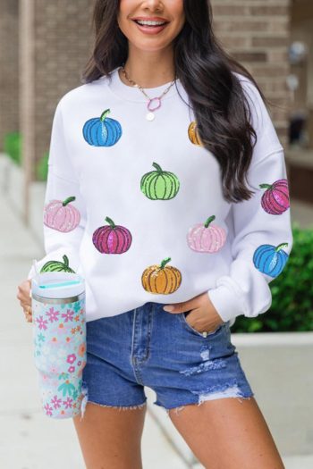 Women White Colorful Pumpkin Sequin Patched Drop Shoulder Sweatshirt | Sweatshirts