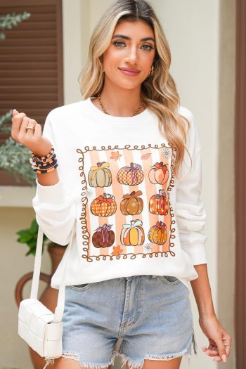 Women White Fall Bow Pumpkin Round Neck Graphic Sweatshirt | Sweatshirts