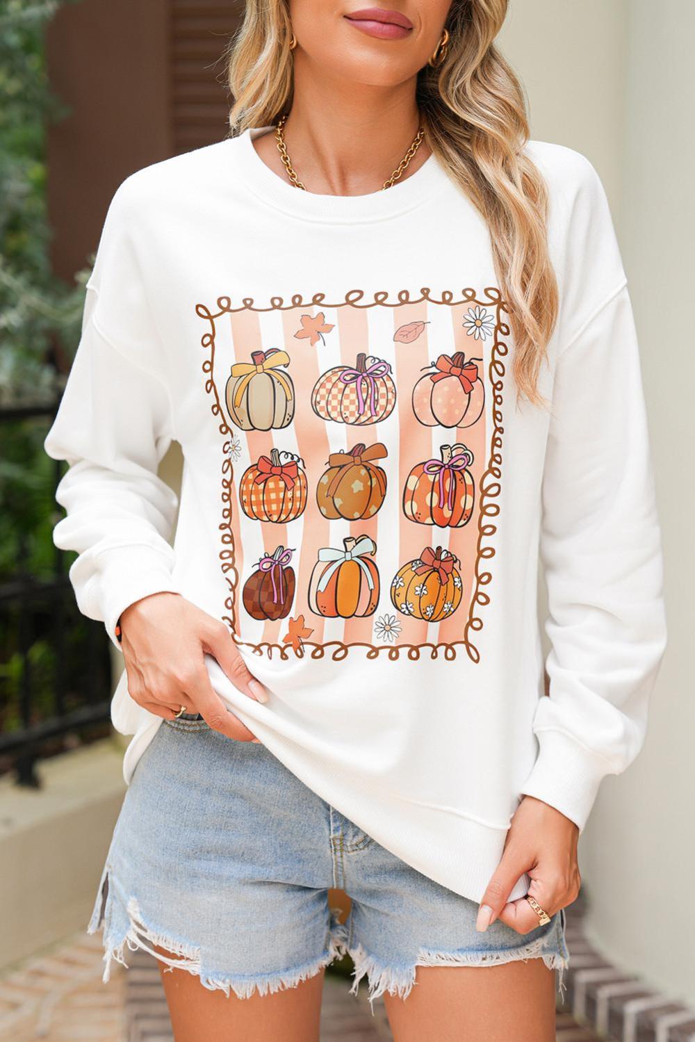 Women White Fall Bow Pumpkin Round Neck Graphic Sweatshirt | Sweatshirts - Image 4