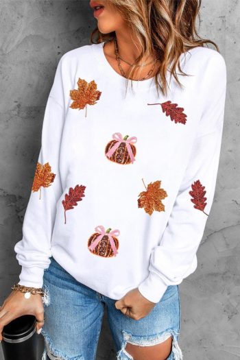 Women White Fall Leaf Bow Pumpkin Sequin Patched Baggy Sweatshirt | Sweatshirts