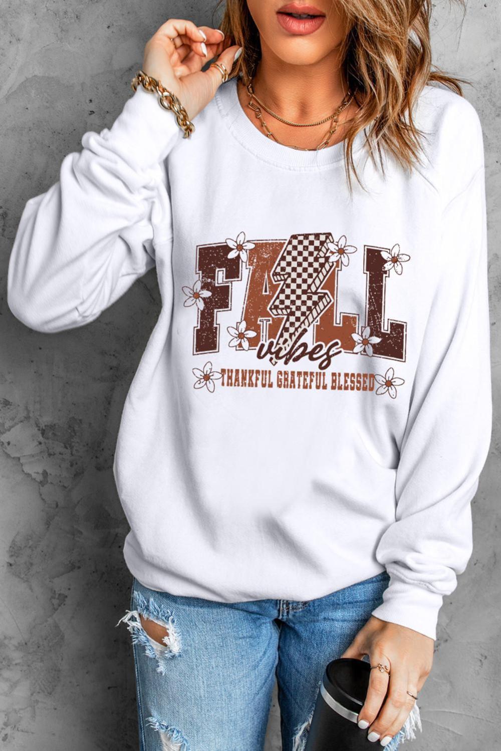 Women White Fall Thankful Grateful Blessed Graphic Drop Shoulder Sweatshirt | Sweatshirts - Image 3