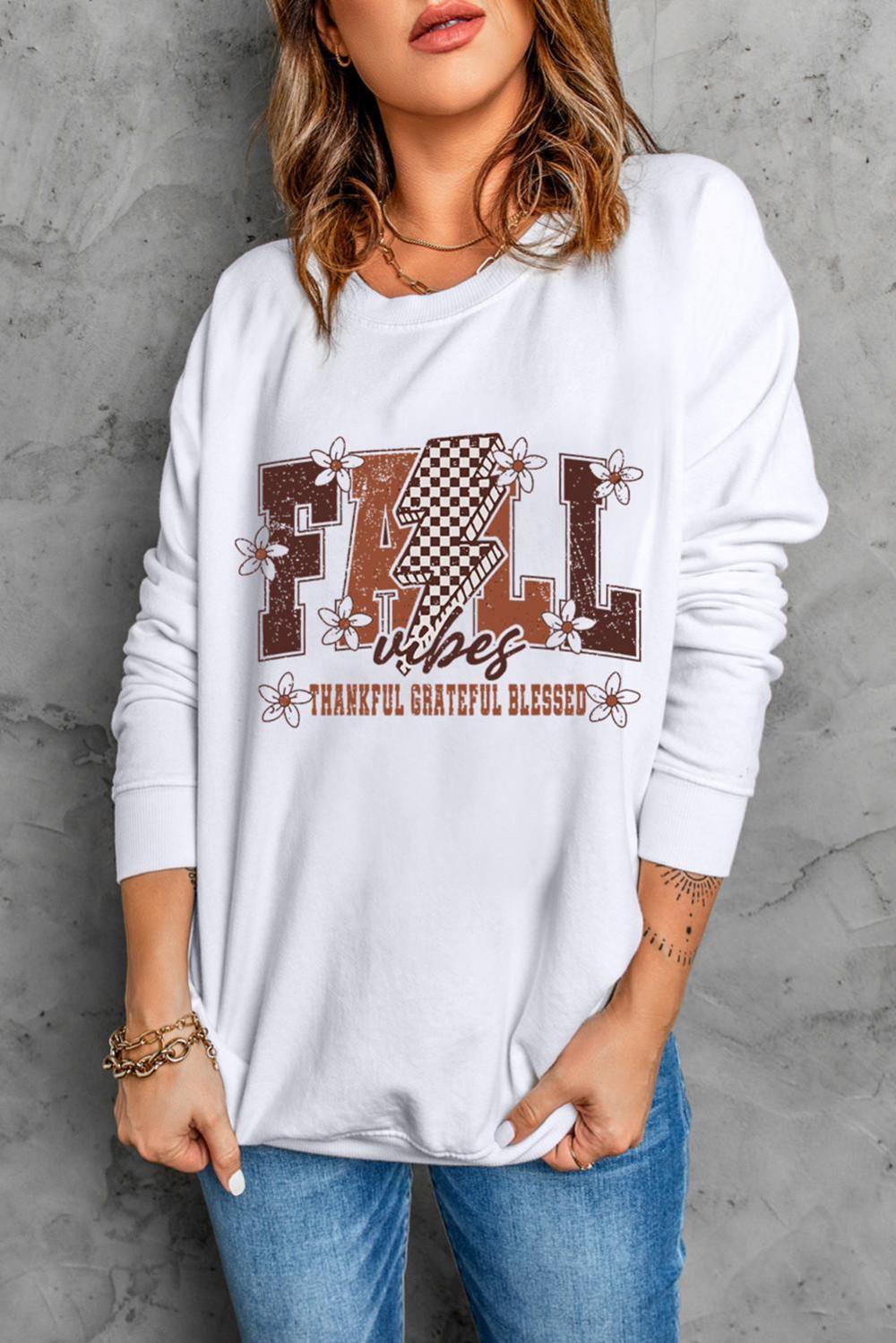 Women White Fall Thankful Grateful Blessed Graphic Drop Shoulder Sweatshirt | Sweatshirts - Image 4