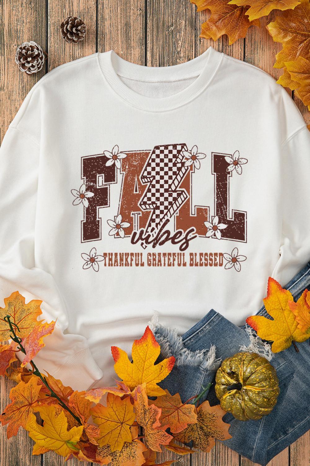 Women White Fall Thankful Grateful Blessed Graphic Drop Shoulder Sweatshirt | Sweatshirts - Image 5