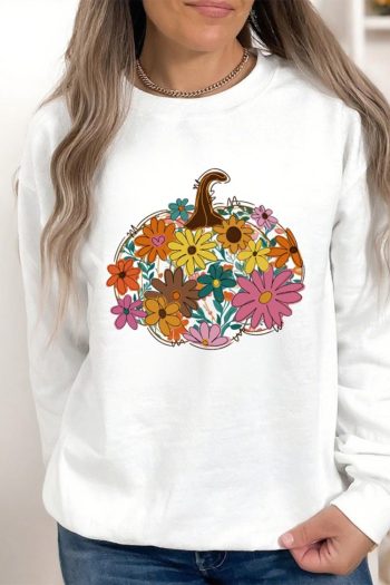 Women White Floral Pumpkin Custom Graphic Sweatshirt | Sweatshirts
