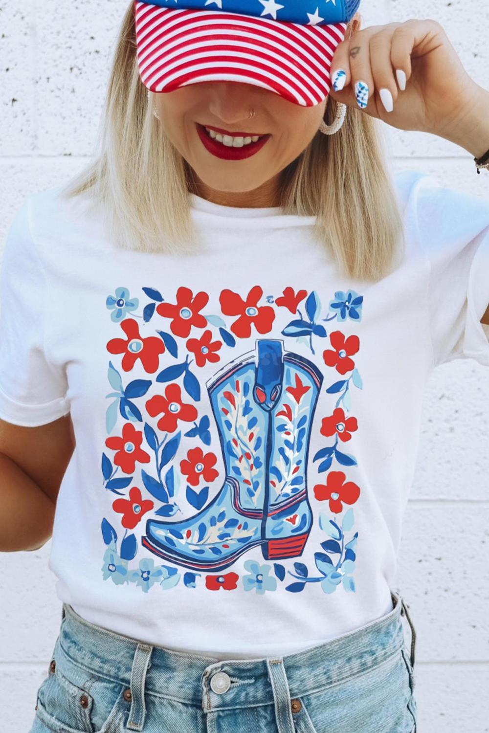 Women White Floral Western Boots Printed Cotton Blend T Shirt | Tees & Tanks