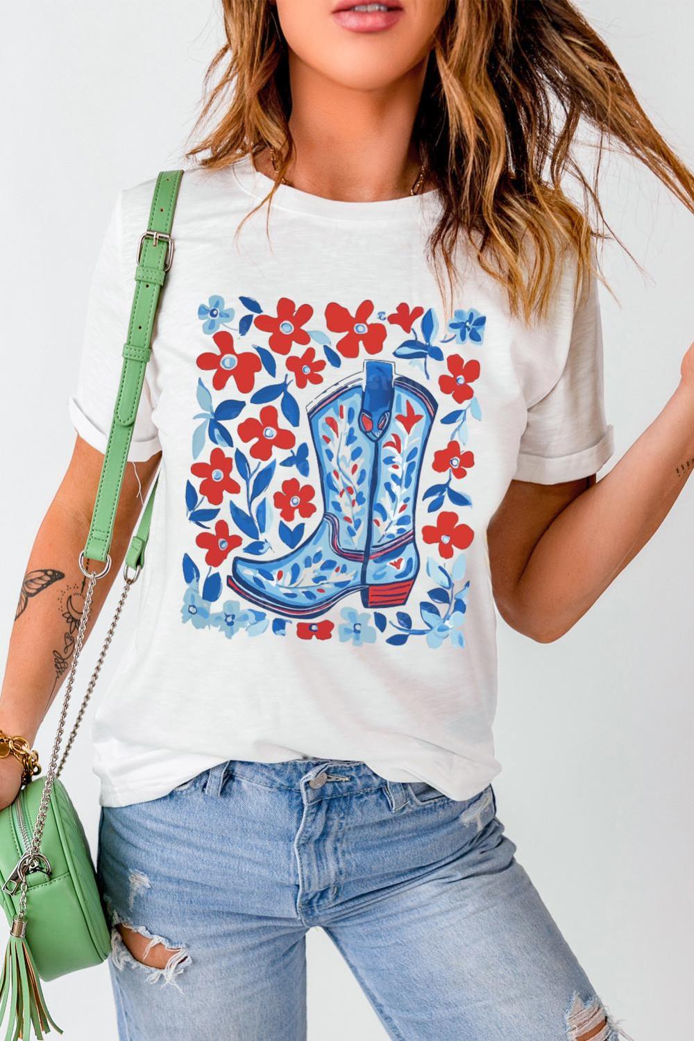 Women White Floral Western Boots Printed Cotton Blend T Shirt | Tees & Tanks - Image 3