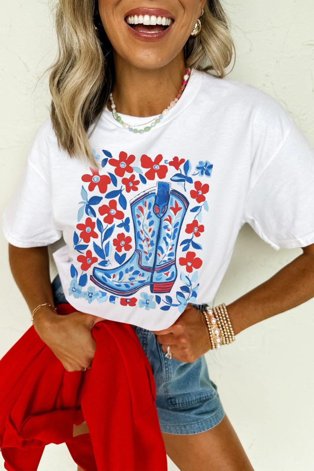 Women White Floral Western Boots Printed Cotton Blend T Shirt | Tees & Tanks - Image 4
