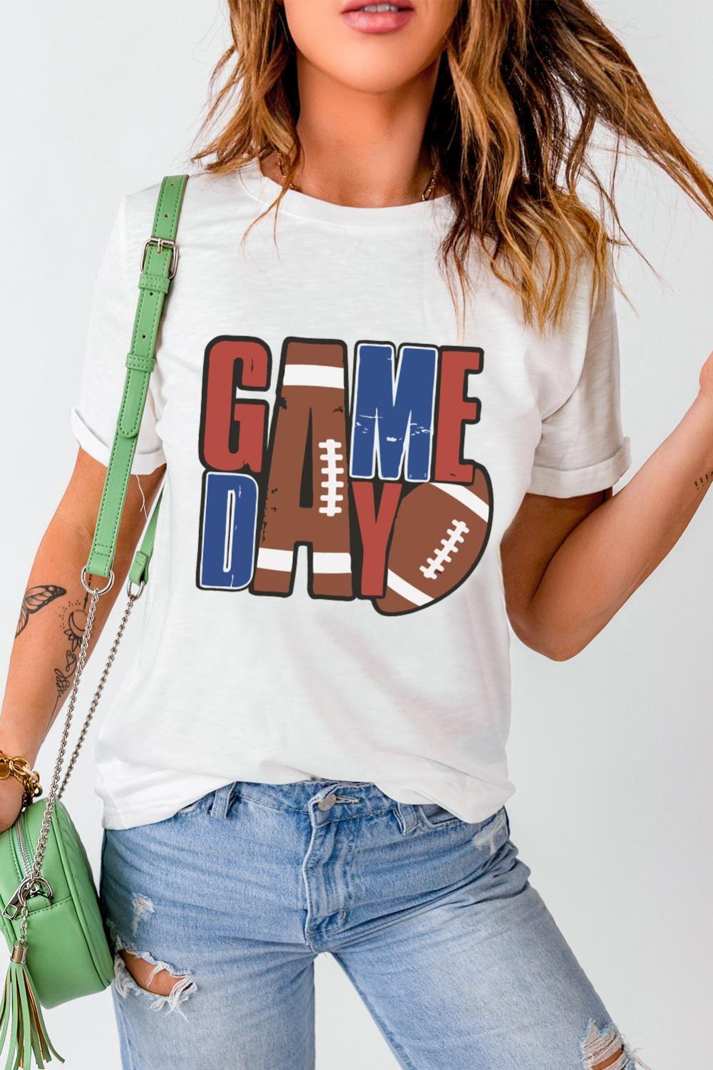 Women White Game Day Football Letter Graphic T Shirt | Tees & Tanks - Image 3