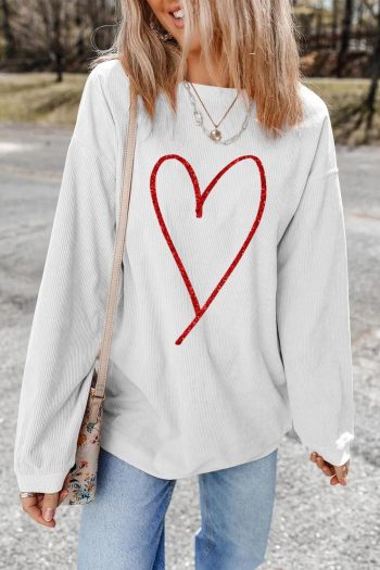 Women White Glitter Heart Print Corded Graphic Pullover Sweatshirt | Sweatshirts