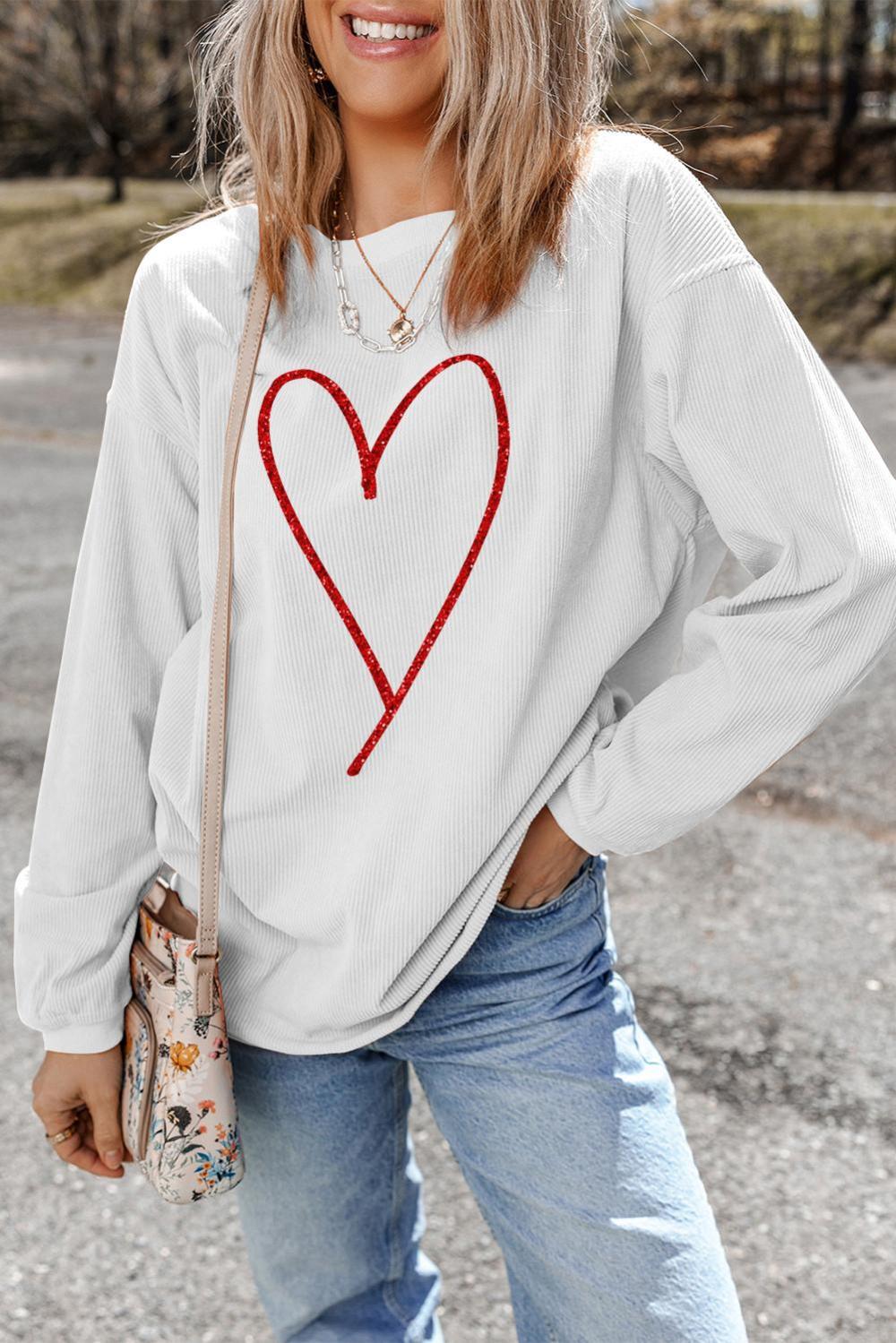Women White Glitter Heart Print Corded Graphic Pullover Sweatshirt | Sweatshirts - Image 3