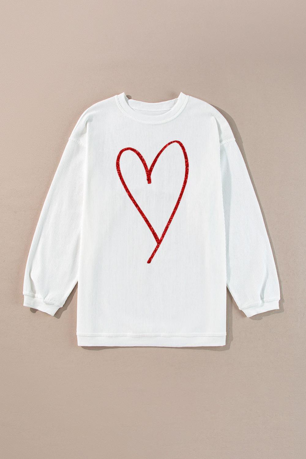 Women White Glitter Heart Print Corded Graphic Pullover Sweatshirt | Sweatshirts - Image 4