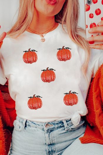 Women White Glitter Pumpkin Patched Cotton Blend T Shirt | Tees & Tanks