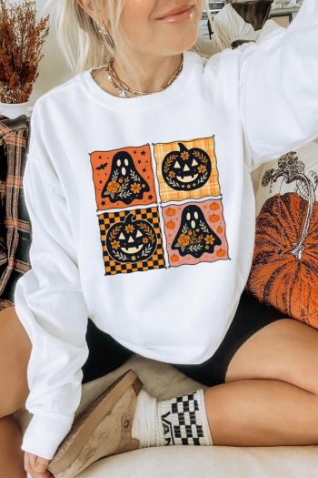 Women White Halloween Ghost Pumpkin Face Floral Checkered Graphic Sweatshirt | Sweatshirts