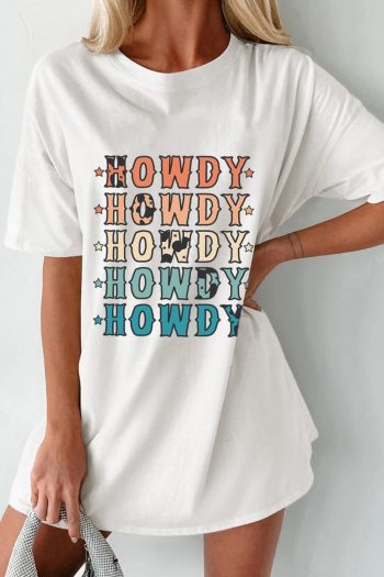 Women White Howdy Stars Print Crew Neck Loose Fit T Shirt | Tees & Tanks