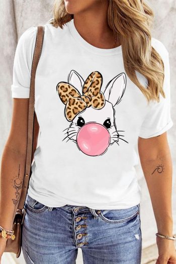 Women White Leopard Bow Bubble Rabbit Graphic Tee | Tees & Tanks