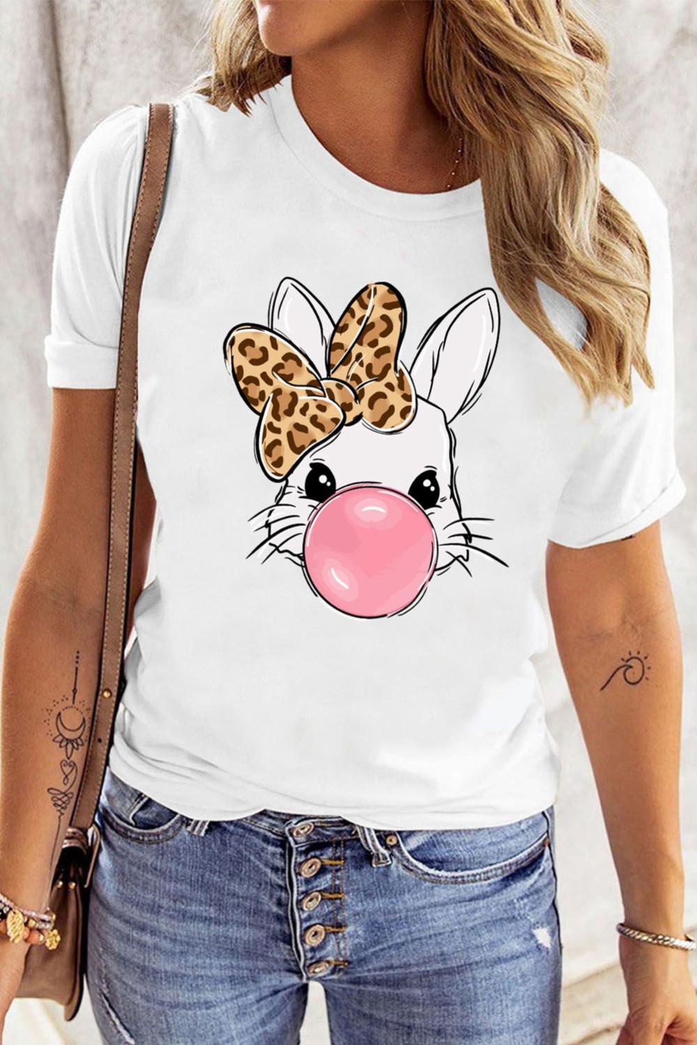 Women White Leopard Bow Bubble Rabbit Graphic Tee | Tees & Tanks