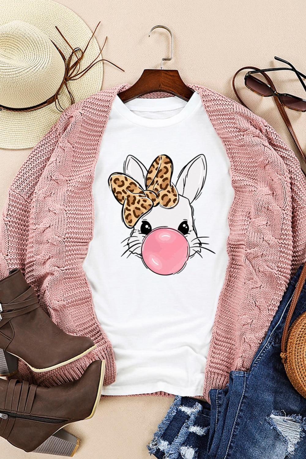 Women White Leopard Bow Bubble Rabbit Graphic Tee | Tees & Tanks - Image 2