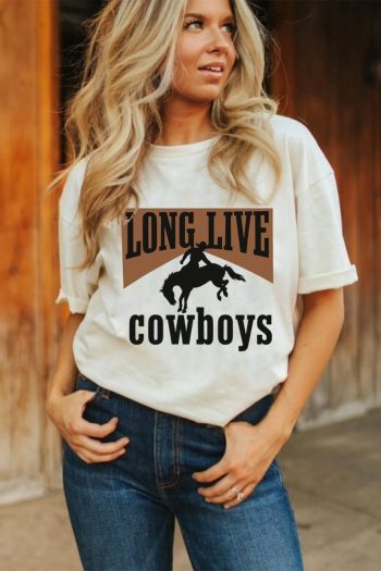 Women White Long Live Cowboys Western Graphic Loose Tee | Tees & Tanks