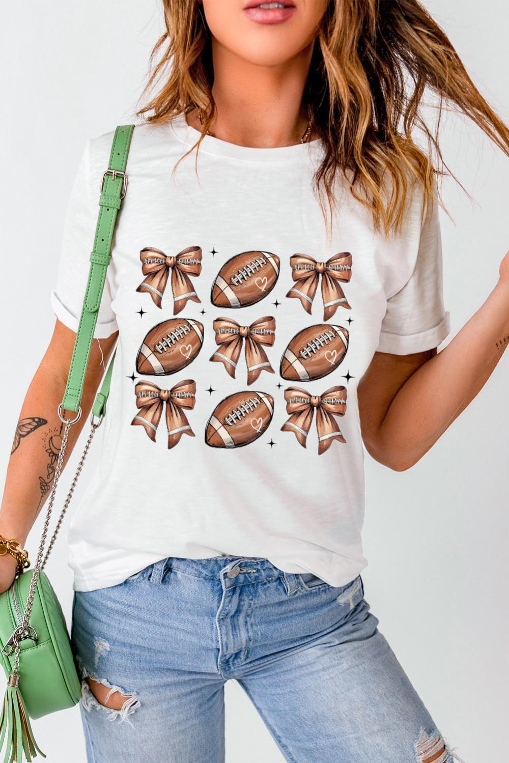 Women White Rugby Fashion Bow Print Graphic T Shirt | Tees & Tanks - Image 3