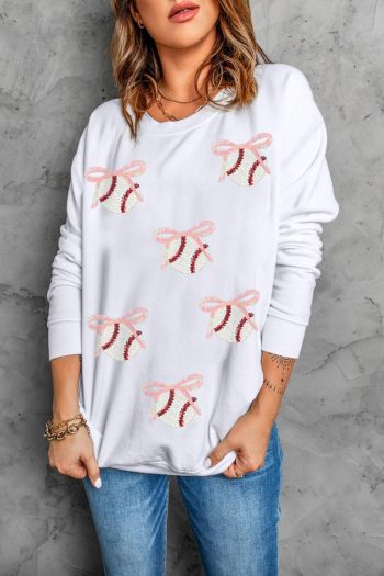Women White Sequin Bow Baseball Patched Casual Sweatshirt | Tees & Tanks