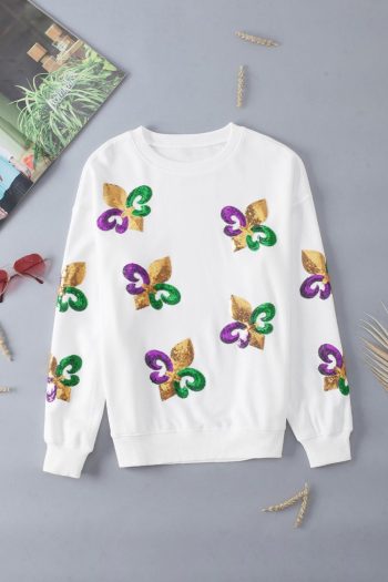Women White Sequin Mardi Gras Graphic Pullover Sweatshirt | Sweatshirts