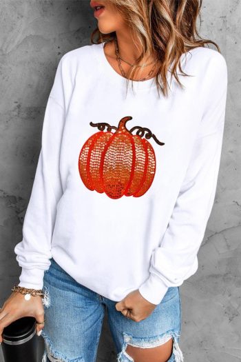 Women White Sequin Pumpkin Patched Casual Pullover Graphic Sweatshirt | Sweatshirts