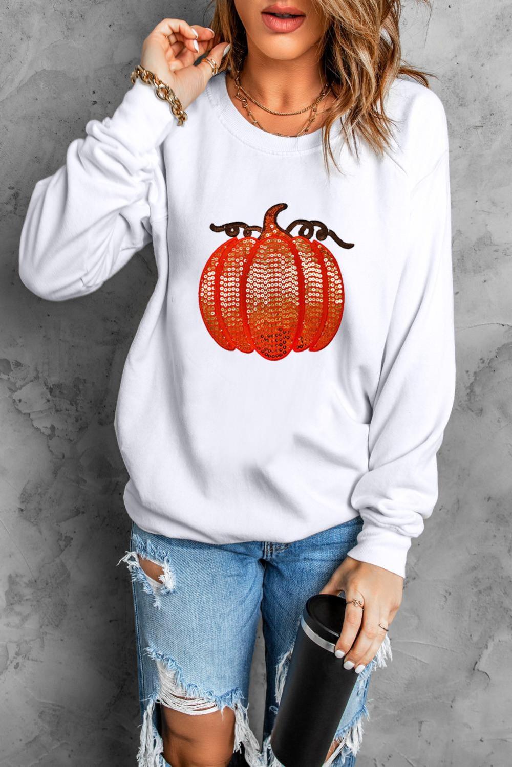 Women White Sequin Pumpkin Patched Casual Pullover Graphic Sweatshirt | Sweatshirts - Image 2