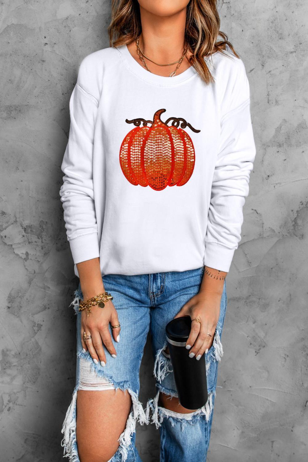 Women White Sequin Pumpkin Patched Casual Pullover Graphic Sweatshirt | Sweatshirts - Image 3