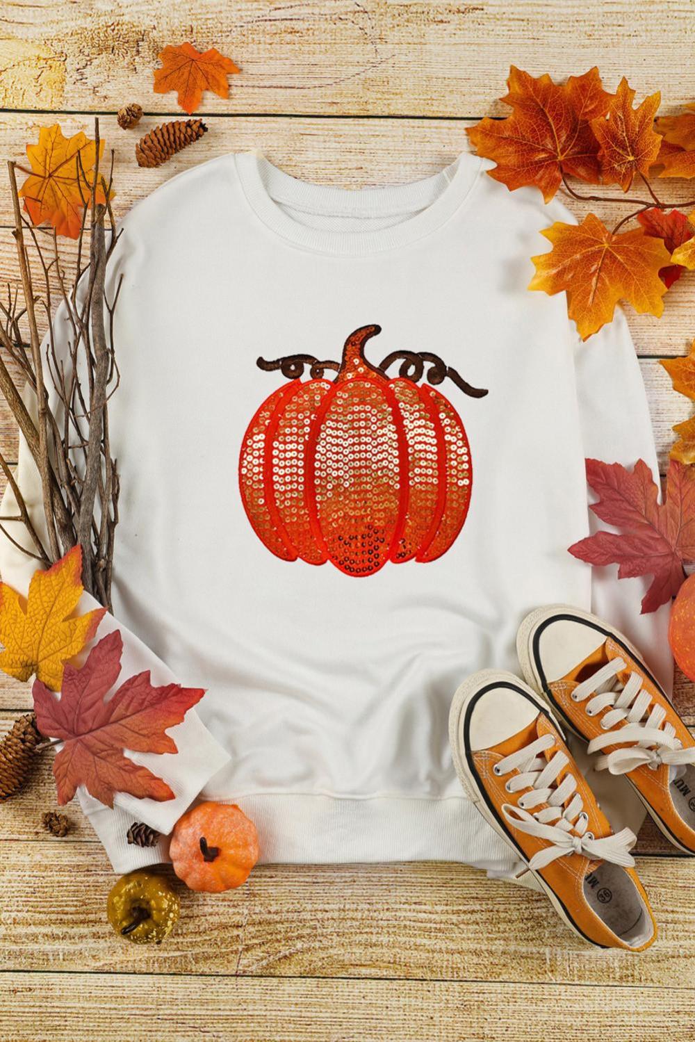 Women White Sequin Pumpkin Patched Casual Pullover Graphic Sweatshirt | Sweatshirts - Image 4