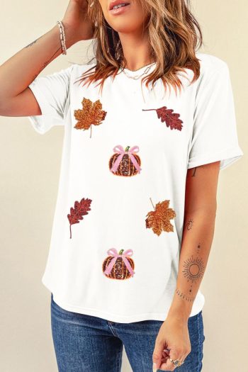 Women White Sequined Pumpkin Leaves Fall Vibe Graphic T Shirt | Tees & Tanks