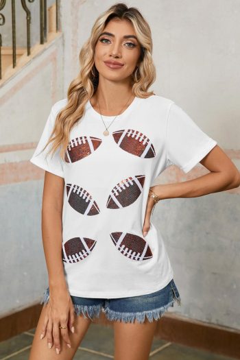 Women White Sequined Rugby Graphic T Shirt | Tees & Tanks