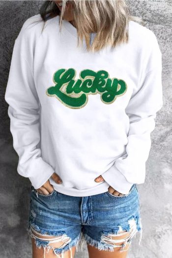 Women White Shiny Trim Chenille Lucky Letter Graphic Sweatshirt | Sweatshirts