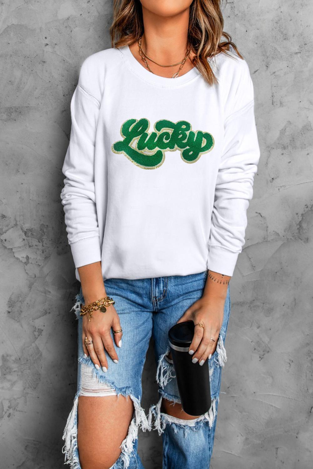 Women White Shiny Trim Chenille Lucky Letter Graphic Sweatshirt | Sweatshirts - Image 3