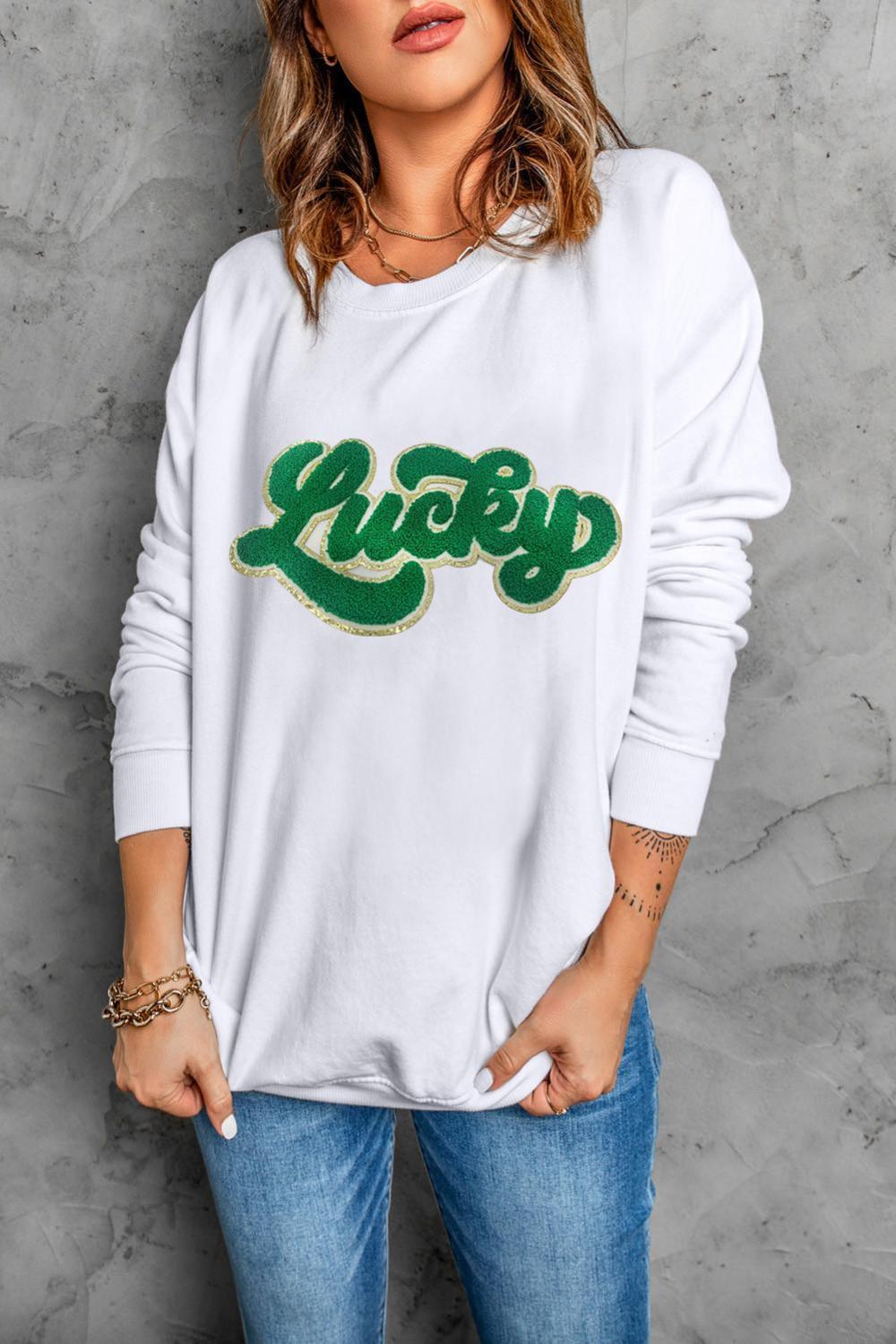 Women White Shiny Trim Chenille Lucky Letter Graphic Sweatshirt | Sweatshirts - Image 4