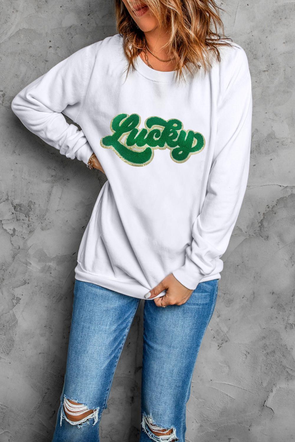 Women White Shiny Trim Chenille Lucky Letter Graphic Sweatshirt | Sweatshirts - Image 6