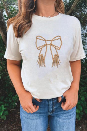 Women White Tassel Bowknot Embroidered Graphic Print Round Neck T Shirt | Tees & Tanks