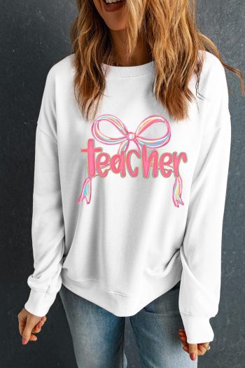 Women White Teacher Bow Graphic Pullover Sweatshirt | Sweatshirts
